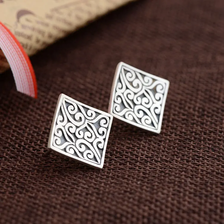 Серьги из серебра 925 для Для женщин ювелирные изделия Винтаж boucle d'oreille S925 стерлингового серебра узор квадратная серьга