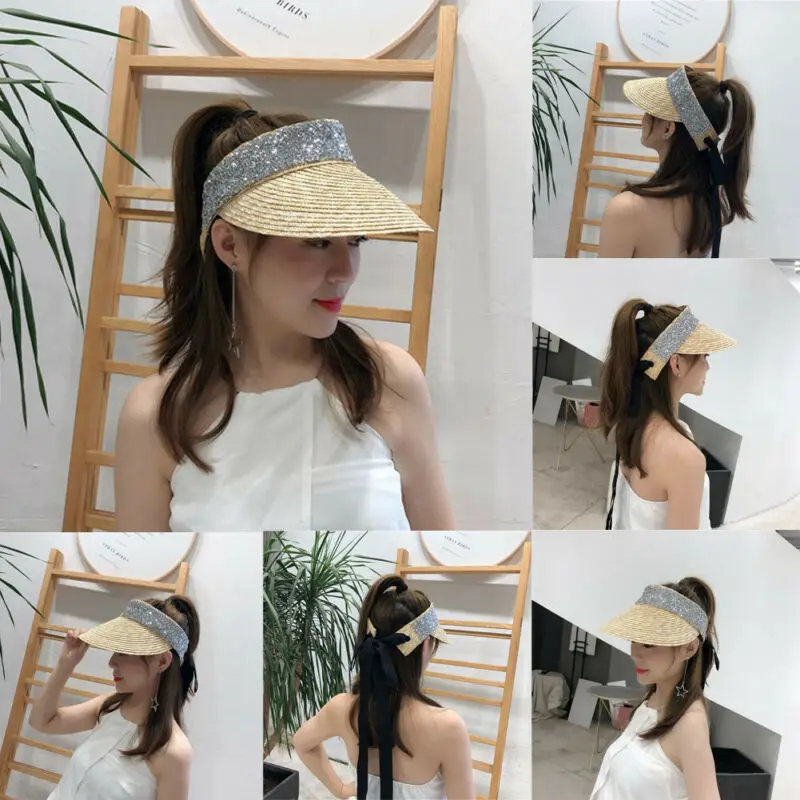 

2019 Women Hat Sun Hat Casual Summer Rhinestone Empty Top Visor Beach Cap Fashion Ladies Outdoor Flat Hat Casual Match Straw Hat