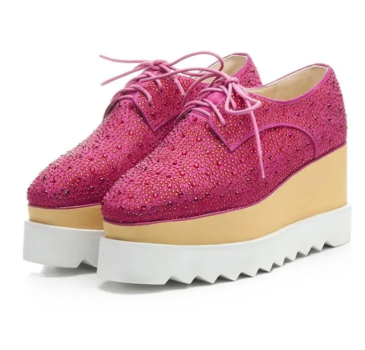 

Fashion Platform Pumps Pink Crystal Embellished Lace-up Thick Rubber Sole Increased Internal High Platform Shoes Leisure Outside