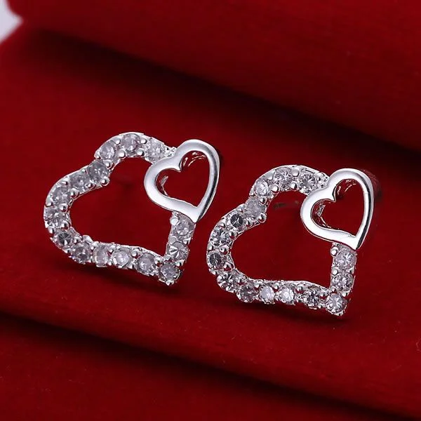 

Hot Sale!!Free Shipping silver plated Earring,Fashion jewelry silver plated Jewelry Double Heart With Stone Earrings SMTE104