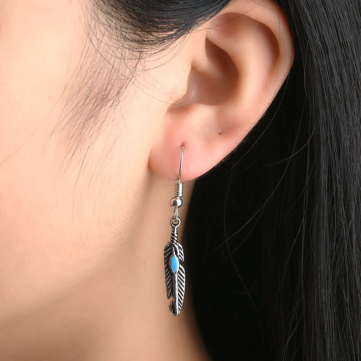 Retro Tribal Ethnic Natural Stone Feather Eardrop Dangle Drop Earring Antique Silver Leaves Long Earring Charm Wedding Jewelry