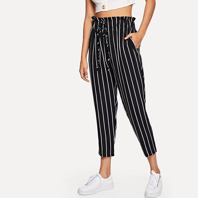 

2019 Women Striped Trousers Ladies Wide Leg High Waist Pants Chic Streetwear Sash Female Summer Split Casual Beach Pants Capris
