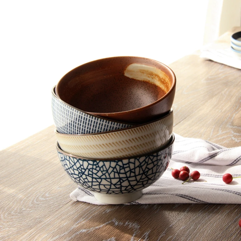 Набор из 4 керамических чаш японский шар риса в синюю полоску суповая чаша для ресторана Бытовая Ретро посуда 4,5 дюймов