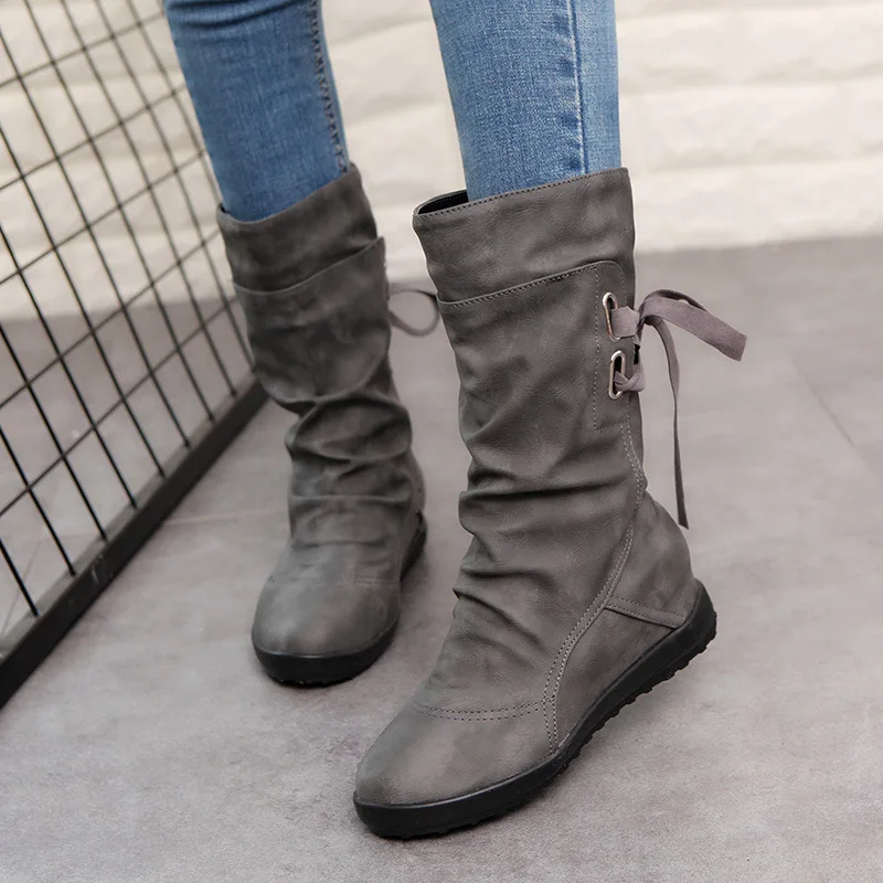 

SLHJC Women Flat Heel Leather Boots Mid Calf Round Toe Casual Female Spring Autumn Plus Size Boot Flats Back Lace Up Shoes
