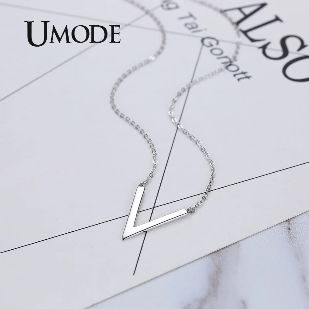 UMODE V Letter 925 Sterling Silver Chain Necklaces Pendant for Women Simple Korean Fashion Jewelry collares de moda ULN0204