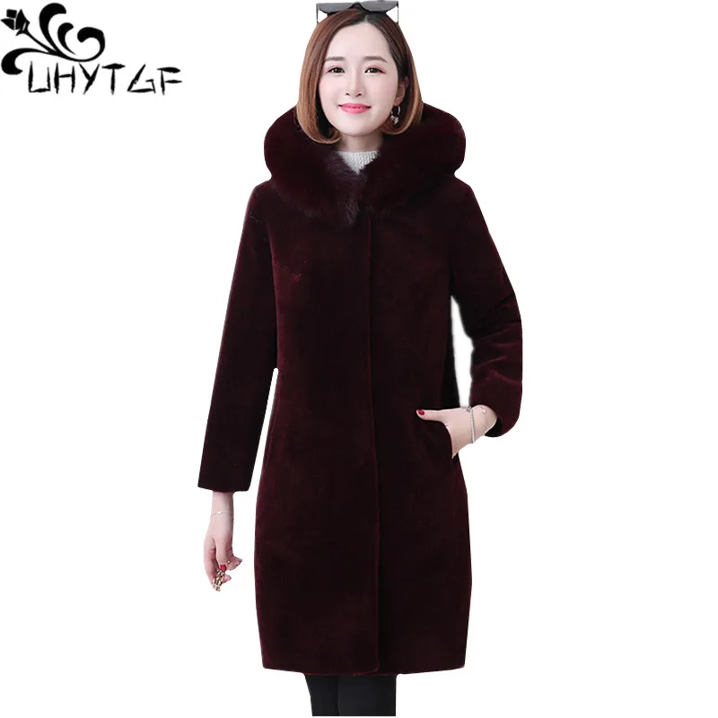 

UHYTGF High quality sheep shearing winter fur coat Women Fashion Imitation fox fur collar hooded warm long jacket Ladies S-5XL95