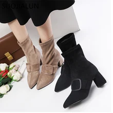 

SUOJIALUN 2018 Fashion Ankle Elastic Sock Boots Chunky High Heels Stretch Women Autumn Sexy Boot Pointed Toe Buckle Ankle Boot