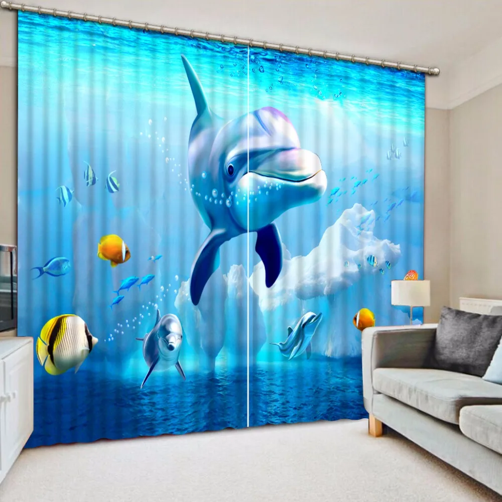 

blue curtains kids curtains for bedroom Underwater World Dolphin Iceberg scenery curtains printed window curtains