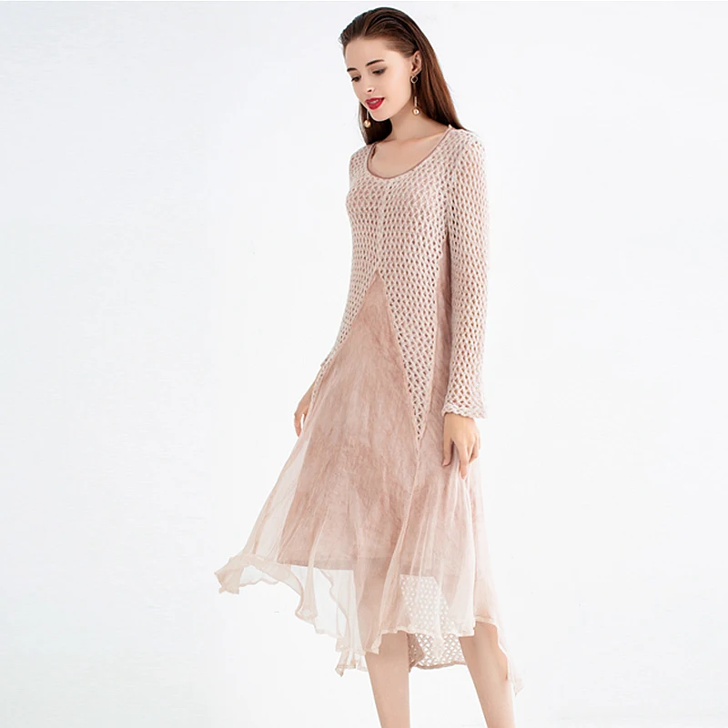 Longues O Femmes Cou Évider À Printemps Patchwork Manches Mode Nouveau Longue Conception Soie 2019 De Style 100 Robe Tricoté Solide Px10qw0