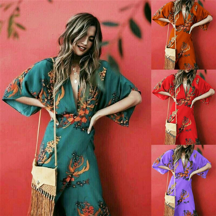 V Neck Women Wrap Dress Floral Print Kimono Style Half Sleeve Long Maxi Dress Boho Ladies Beach Dress Vestido Plus Size 3XL