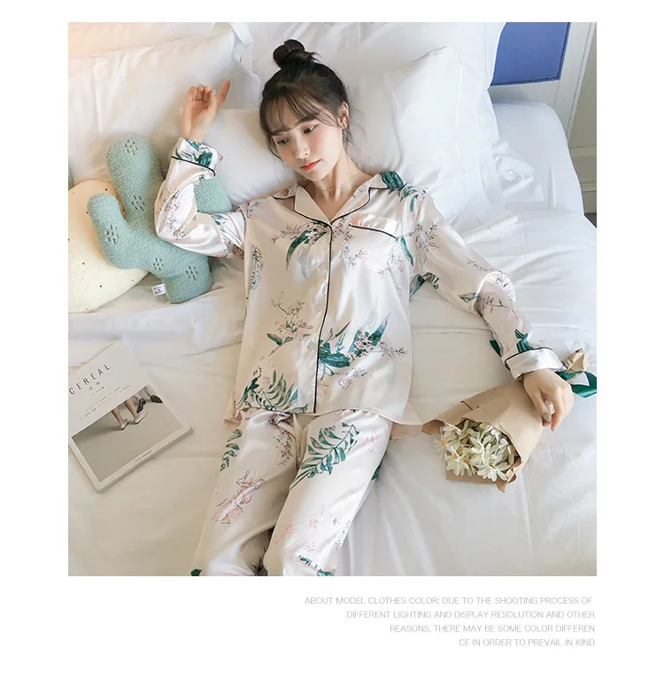 B Женская Осенняя длинная ночная рубашка с длинным рукавом шелковая одежда для сна размера плюс атласная пижама с отложным воротником полная длина цветочный