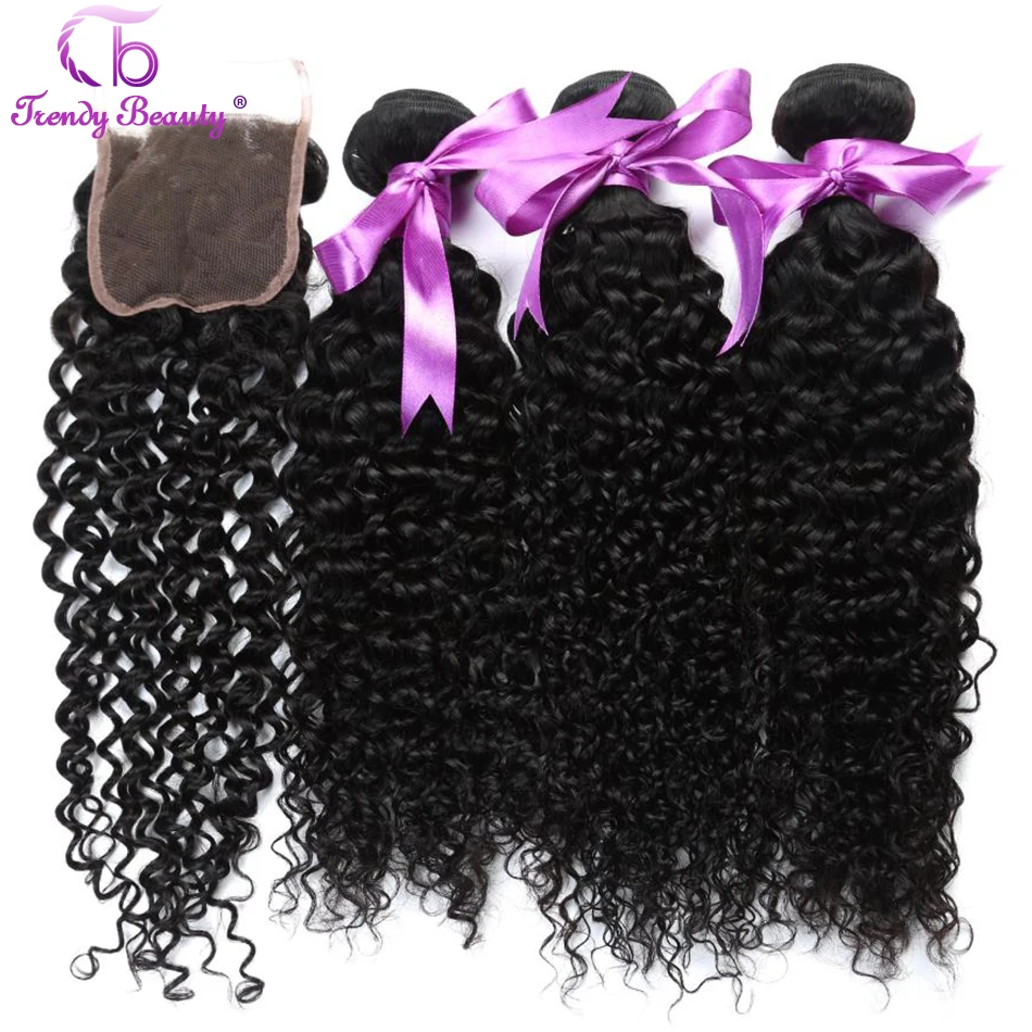 Brasileira com - Pacotes com Fecho de Cor Beleza na Moda Encaracolados Bizarro Middle Três Parte Lace Encerramento Cabelo Humano Natural Preto - 3 Apliques ondulados
