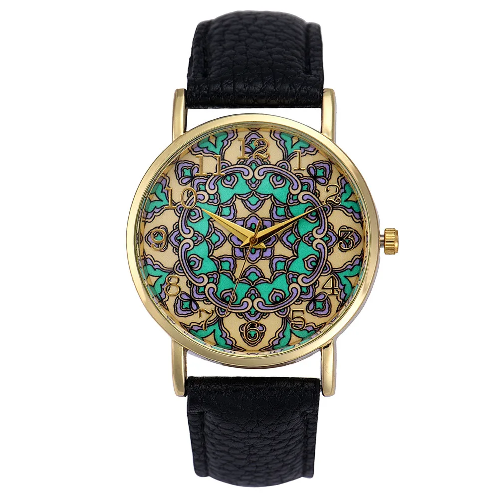 

Top Quality Fashion woman watch Faux PU Leather flower paint casual style watch  Analog Quartz Wrist Watch relojes mujer