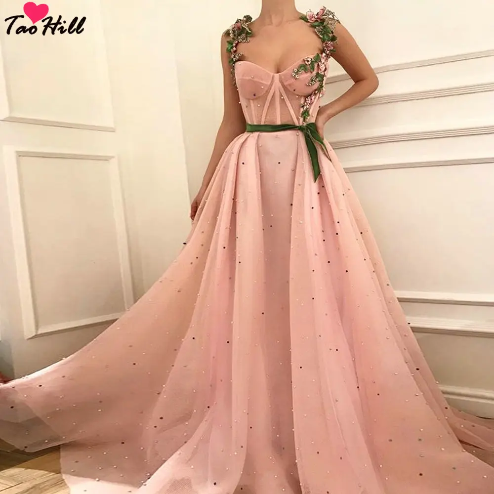 TaoHill Vestido Longo De Festa A-Line цветочные ремни бархатный пояс Милая Шея сексуальное платье розовые вечерние платья