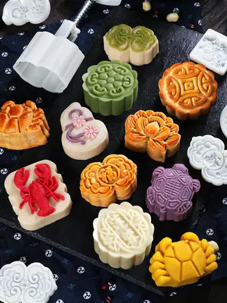 

Mid-Autumn Mooncake Mould Set Cartoon Pastry Ice Skin Embossing Mold Green Bean Cake Tools Hand pressure mold + motifs