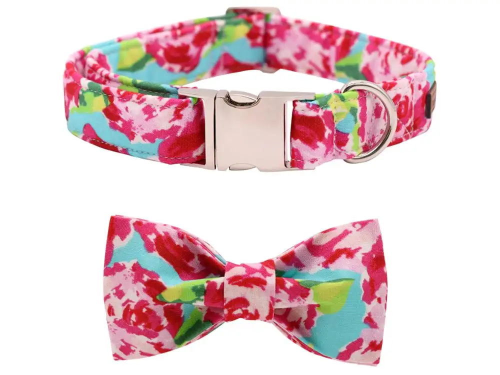 

Dog Collar And Leash Set With Bow Tie Cotton Dog &Cat Necklace And Dog Lead Fashion Flowers