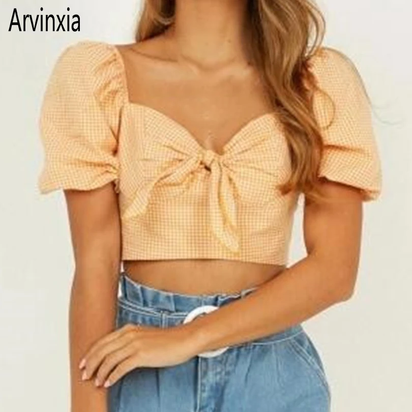 

Arvinxia ZA Sexy Plaid Bow Tie High Waist Woman Blouse New Short Sleeves Streetwear Lady Shirts Fashion Square Collar Lady Blusa