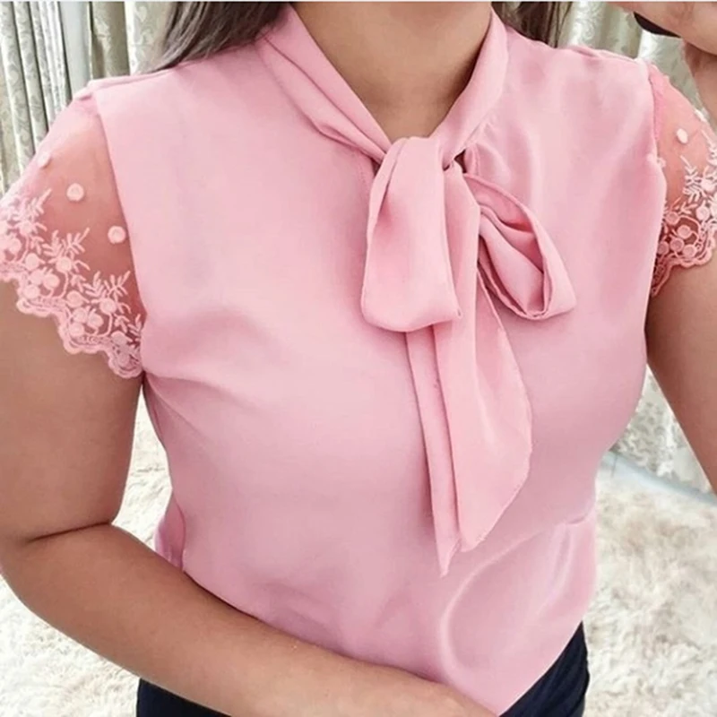 

Summer T Shirts 2019 Women Vintage Bowknot Collar Tees Shirt Casual Short Sleeve T-Shirt Female Lace Patchwork Tops