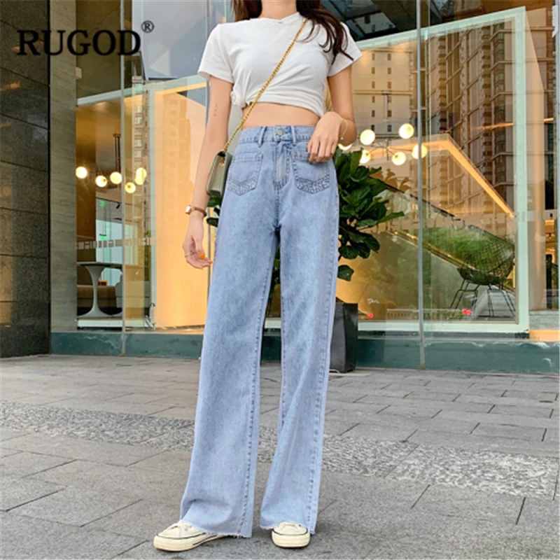 

RUGOD 2019 New Arrival Women Solid Demin Straight Long Pants High Waist Pockets Loose Wide Legs Trousers High Street Fashion