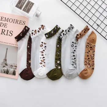 

5-color summer ladies ultra-thin glass silk boat socks sexy leopard-print socks
