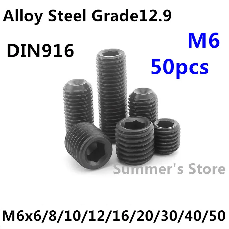 

50pcs/lot DIN916 M6 Alloy Steel Hex Socket Set Screw M6*6/8/10/12/16/20/25/30/35/40/45/50mm black Grub Screw Grade 12.9