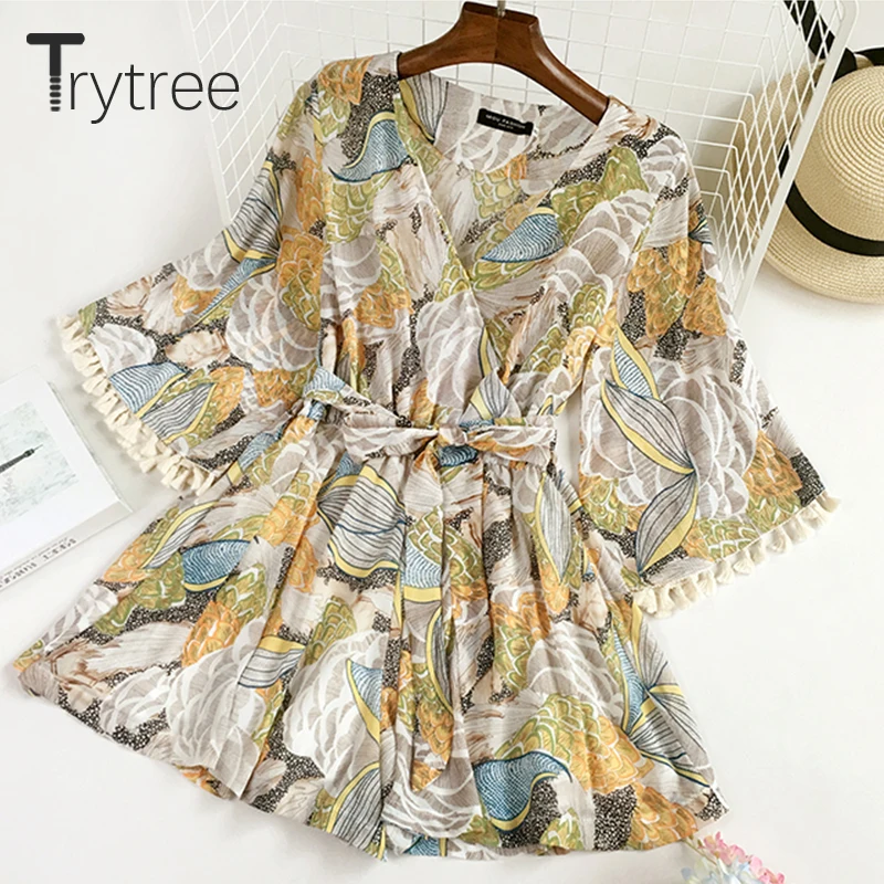 

Trytree Summer Autumn Casual Jumpsuit Print Women Playsuits V-Neck Flare Sleeve Tassel Belt Above Knee Vacation Style Jumpsuits