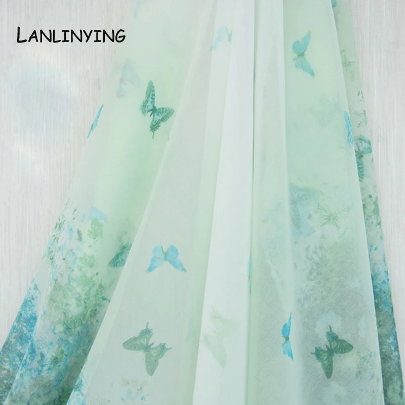 

LANLINYING 100*148CM Fashion Thin Green Gradient Butterfly Print Chiffon Green Fabric Textile For DIY Sewing Dress Material D124