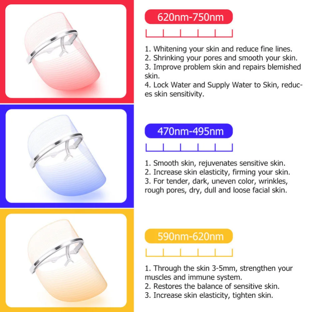 3 Colors LED Light Therapy Face Mask Anti Acne Anti Wrinkle Facial SPA Instrument Treatment Beauty Device Face Skin Care Tools