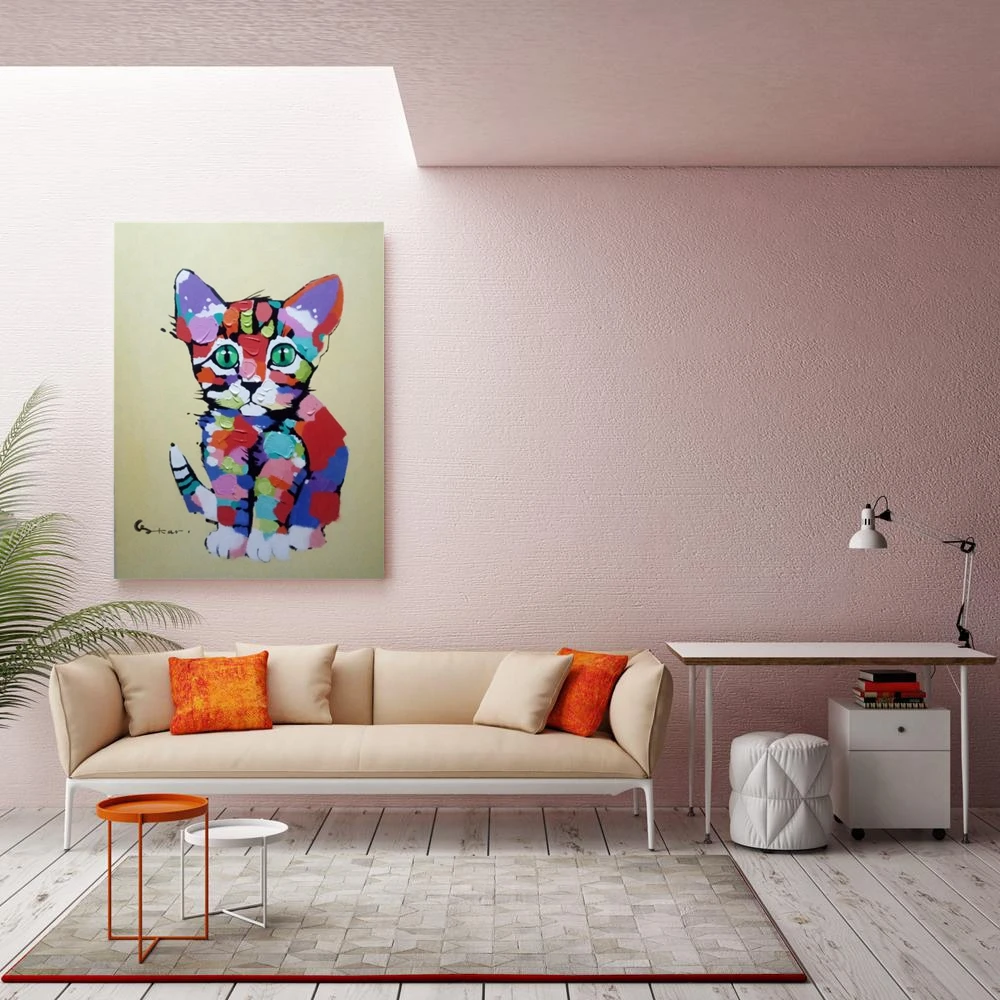 Cute Cat 100 Hand Painted Canvas Oil Painting for Nursery Room Hallway