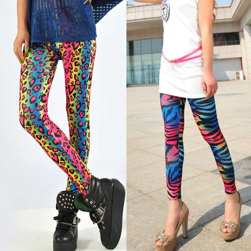 2019 новый дизайн Леопард Зебра печати разноцветные леггинсы для женщин узкие брюки флуоресцентные Радуга постепенно цвет тонкий леггинсы