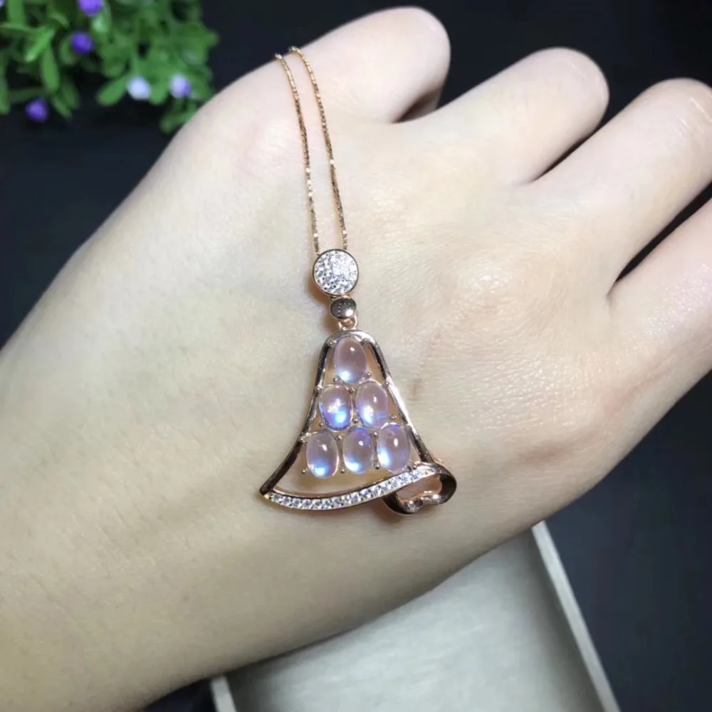 Naturel bleu clair pierre de lune élégant chanceux cloches pendentif collier S925 argent naturel pi
