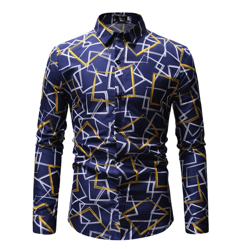 

2019 New Fashion Men Cotton Plaid Print Shirts Casual Large Size Lapel Long Sleeve Shirts for Male Gold Blue Shirts