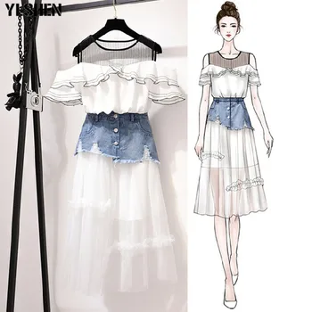 

Plus Size 2 Two Piece Set Women Summer Clothes Tshirt Denim Nifty Mesh Patchwork Skirt Clothing Sets Casual Mid Calf Skirts Suit