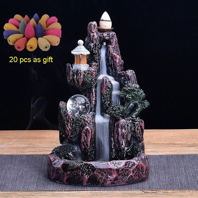 

LED Waterfall Backflow Incense Burner Glowing Ball And 20Pcs Incense Cones Home Incense Holder