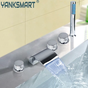 

LED Waterfall Bathroom Basin Faucet Deck Mounted washbasin bathroom tap 5 Pcs Set flush cold and hot water Mixer Taps