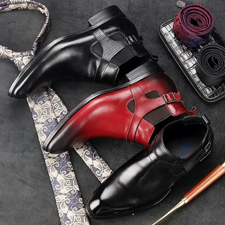 Новые мужские ботинки из натуральной кожи; деловые повседневные Модные ботильоны с резным узором; мужские офисные ботинки высокого качества; Цвет черный, красный