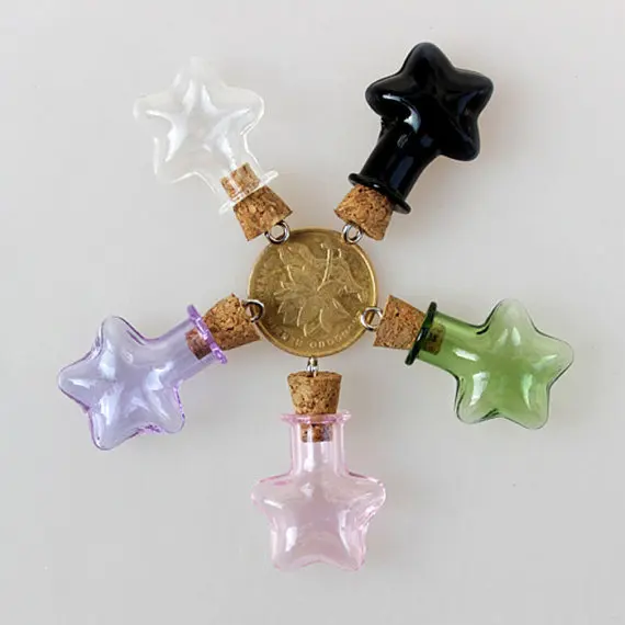 

10sets/lot Mini Glass wishing Bottles Star Shape Cute Bottles With Cork Bottles Gift tiny Jars Vials Pendant Mix Colors
