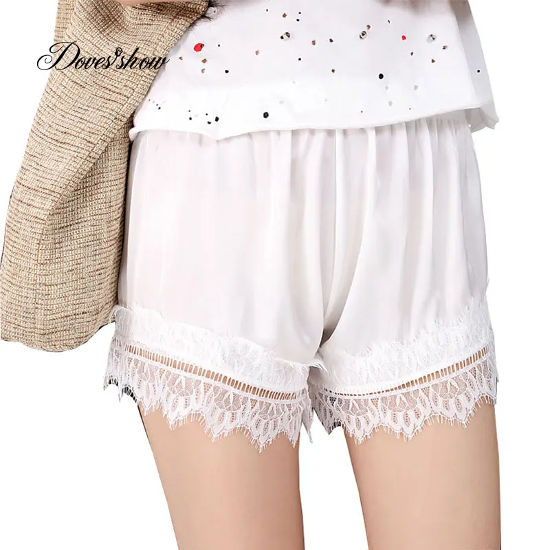 Women Summer Elastic Waist Eyelash Lace Hollow Safty Short Pants Anti