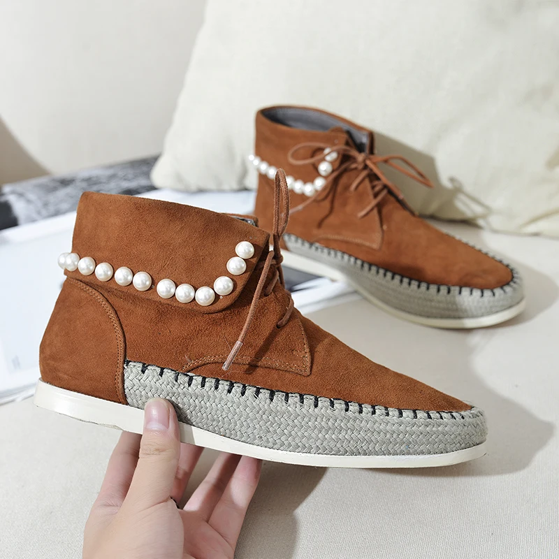 

Plus Size 33-43 Women's Genuine Suede Leather Lace-up Flats Ankle Boots Brand Designer Leisure Comfortable Short Booties Shoes