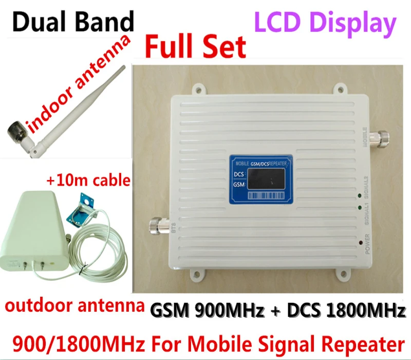 

LCD Display DCS 1800Mhz GSM 900Mhz Dual Band Mobile Phone Signal Booster with Log Periodic Antenna + Indoor Antenna Full Set