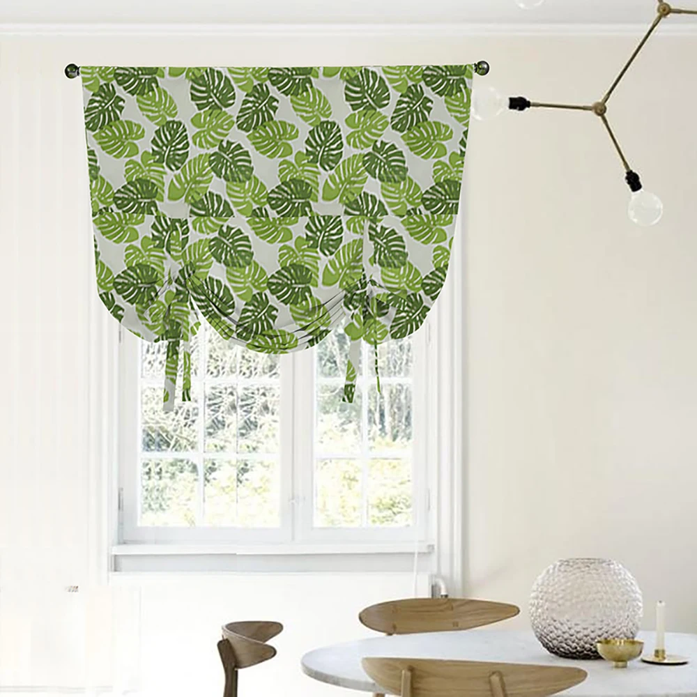 

Green leaves Printed Half Blackout short curtains for Living Room Tie Up Curtains Cotton Line Curtain Balcony Bedroom Kids