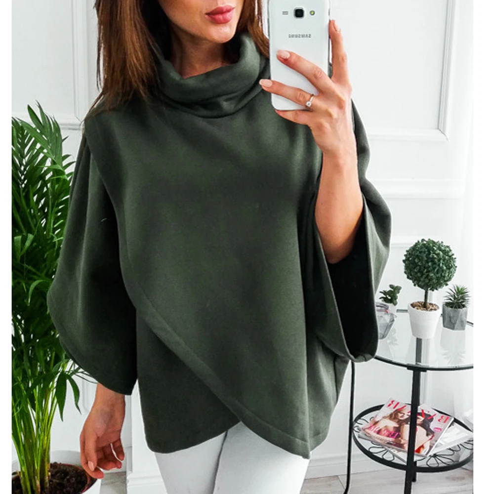  XUANSHOW Fleece Hoodies Women Warm Turtleneck Irregular Pullovers Solid Flare Sleeve Casual Sweatsh