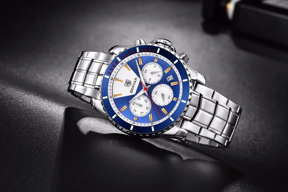 Benyar мужские часы лучший бренд класса люкс Спортивный Хронограф Кварцевые часы для мужчин полный сталь часы