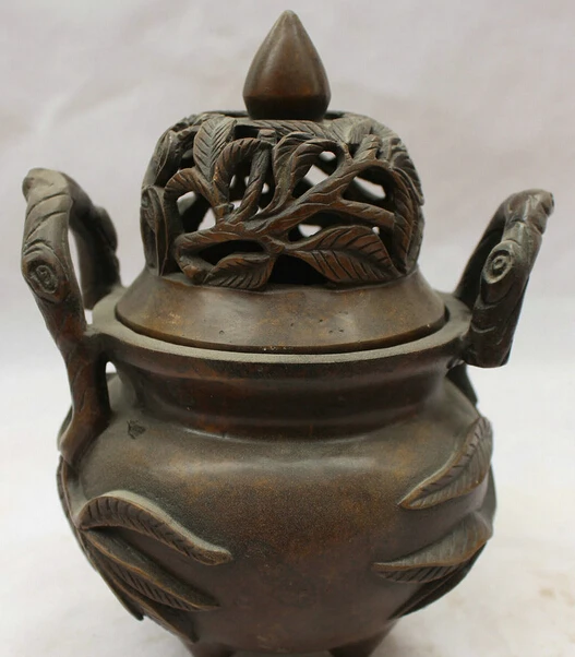 

JP S61 8" Marked Chinese Dynasty palace Bronze 3 Foot Leaf handle Incense Burner Censer