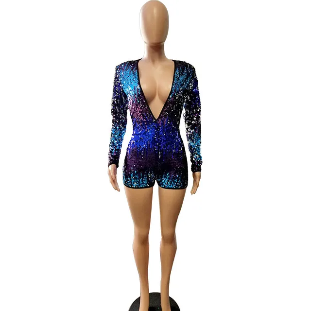 Buy Sparkly Sequin Rompers Womens Jumpsuit Shorts Overalls Deep Plunge V Neck