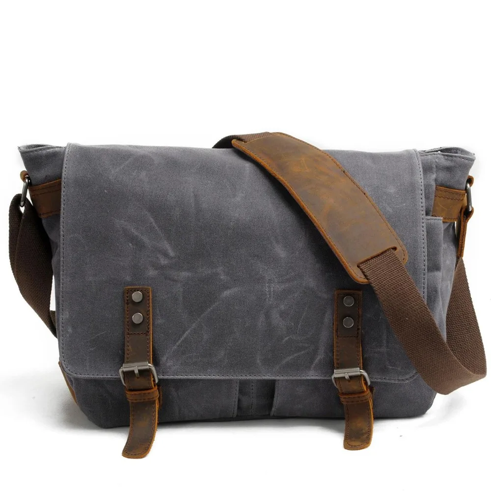 

New 2019 Wearproof Canvas Leather Shoulder Bags for Mens Waterproof Laptops Bags Rivets Oil Wax Canvas Messenger Male Bags Big