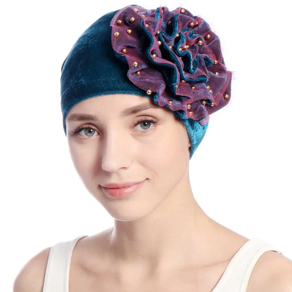 WELROG новая чалма шляпа Индия шапка мусульманские шляпы кепка chemo сетчатая шляпка с цветком шапочка для женщин осень имитация жемчуга выпадение волос шляпа - Цвет: Denim Blue