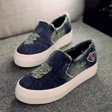 New Womens Flats 2016 Casual Jean Canvas Casual Slip-On Round Toe Thick Sole Vintage Shoes KJ174