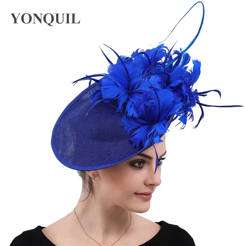 royal blue Имитация Sinamay, женские перышки, головные уборы, очарование, Дерби kendeucky, шапки, свадебные, женственные, элегантные, головной убор, событие - Цвет: royal blue