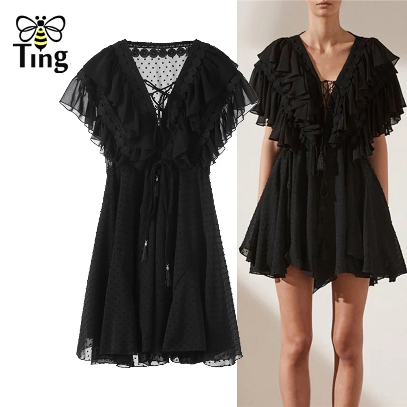 

Tingfly Designer Style Summer Sexy V neck Lace Up Dot Mini Dress Boho Casual Cascading Ruffles Short Dress Bohemian Streetwear